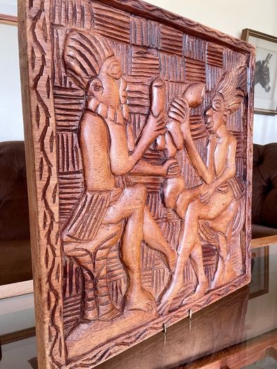 Vintage Hand Carved Deep Relief Large Wooden Wall Art Panel Tribal Village Scene Story Board