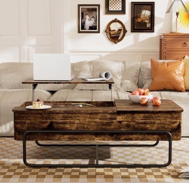 3-Partition Industrial Tables, Pull-Out Drawer, Stable Metal Frame & Hidden Storage, Centre Table for Living Room, Small Space, Home Office
