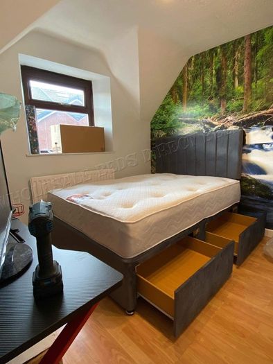 Brand New Stylish single Divan Beds.. Multiple Options Of Headboards. Tufted Memory Foam Mattresses Available. Drawers Storage Available