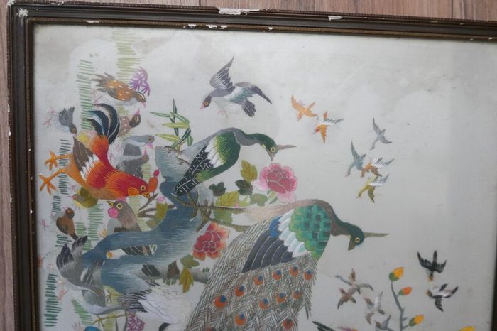 Antique Early 20c Chinese Silk Embroidery Birds Panel Framed - 23"x14"