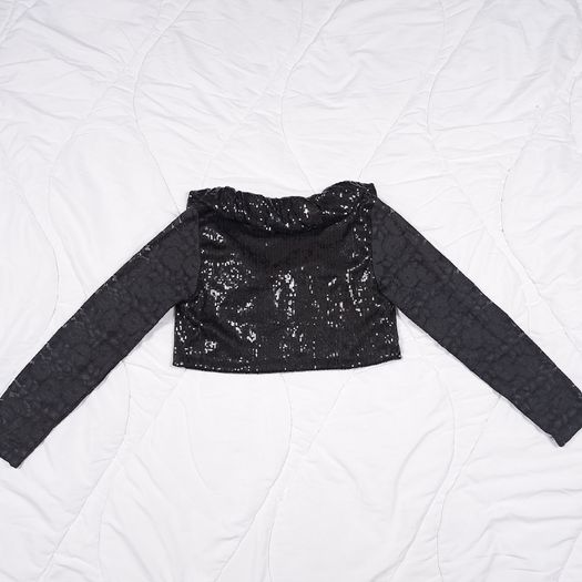 Miss Frida Black Y2K Goth Sequined Sparkly Lace Sleeve Cropped Bolero Shrug Cardigan Size S