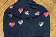 Cute navy hat with sequin hearts for a girl. 2-4 years