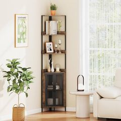 4-Tier Bookcase, Lower Cupboard, Double Grid Door, Corner Furniture with Anti-Tip Kits, Storage Unit for Living Room, Office, Bedroom Brown