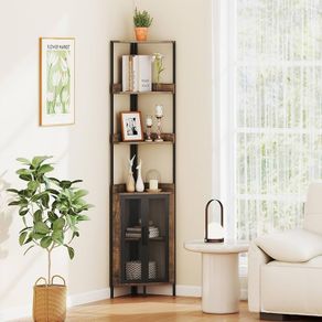 4-Tier Bookcase, Lower Cupboard, Double Grid Door, Corner Furniture with Anti-Tip Kits, Storage Unit for Living Room, Office, Bedroom Brown