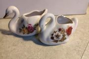 Set of Two Pretty Vintage Style Floral Decorative Bone China Swan Ornaments