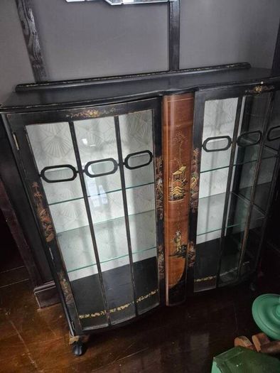 Vintage  Turnige Chinoiserie locking ebonised handpainted cabinet 3 tiers