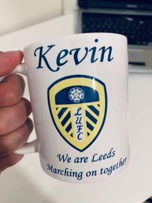 Leeds United F.C. Personalised Mug. Unique Customised Present. White Ceramic Cup with Club Badge, Name & Marching On Together