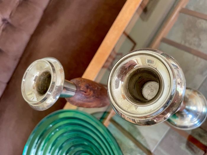 Vintage Tall Pair of Silver Metal and Wooden Candlestick Holders