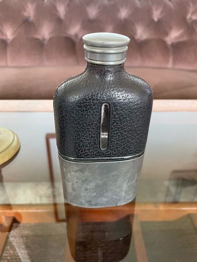 Edwardian Pewter Glass and Leather Gentlemans Hip Flask