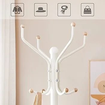 Coat Rack Stand, Coat Tree, Metal Hall Tree, Free Standing, 49 x 182 cm, 12 Hooks, for Clothes, Hats, Bags, White RCR19W