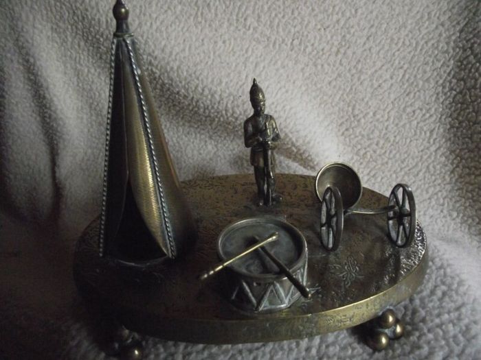 Victorian Brass Inkwell Desk Set - Military Theme - Lozenge Mark 13th January 1883