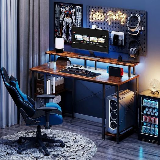 Gaming Desk with LED Lights & Power Outlets, 120 50cm Computer Desk with Storage Shelves & Dual Monitor Stand, for Home Office Study Bedroom Small Spaces, Brown