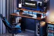 Gaming Desk with LED Lights &amp; Power Outlets, 120 50cm Computer Desk with Storage Shelves &amp; Dual Monitor Stand, for Home Office Study Bedroom Small Spaces, Brown