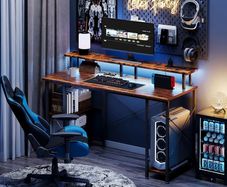 Gaming Desk with LED Lights & Power Outlets, 120 50cm Computer Desk with Storage Shelves & Dual Monitor Stand, for Home Office Study Bedroom Small Spaces, Brown