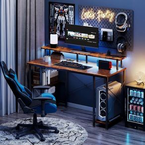 Gaming Desk with LED Lights & Power Outlets, 120 50cm Computer Desk with Storage Shelves & Dual Monitor Stand, for Home Office Study Bedroom Small Spaces, Brown