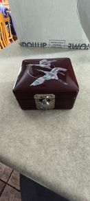Vintage Lacquer Mirrored Jewelry Box with Mother Of Pearl 2  Flying Birds Cranes Korea.
