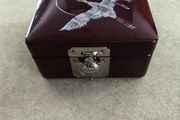 Vintage Lacquer Mirrored Jewelry Box with Mother Of Pearl 2  Flying Birds Cranes Korea.