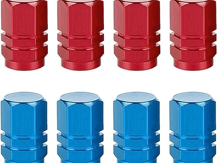 NEW SALE | 8 Pcs Aluminum Tire Valve Stem Caps Metal Car Dust Caps for Car Tyres Universal Tyre Valve Caps Car Caps with Gasket for Motorbike, Trucks, Bike, Electric Scooter, SUV, Baby Buggies (red, blue)