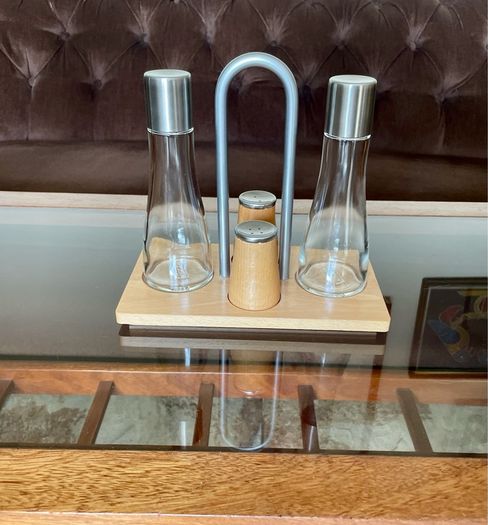 Vintage Bodum Oil Vinegar Salt Pepper Cruet Set by Georg Fontana Danish Beechwood with Aluminum 1990s