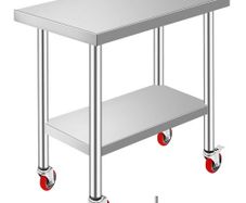 Stainless Steel Work Table 30 x 18 x 34 Inch, 700 LBS Load Capacity with 4 Wheels, 3 Adjustable Height Levels, Heavy Duty Food Prep Worktable