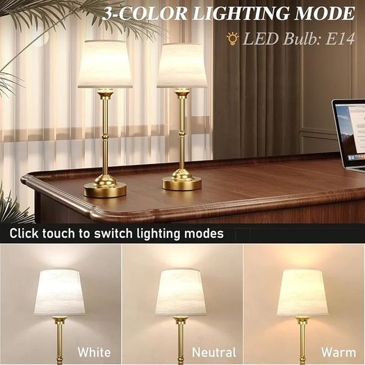 2 Pack Cordless Table Lamps, Fabric Desk Lamp with Stepless Dimming & 3 Colour Temperatures, 6000mAh USB-C Rechargeable Battery, Touch Control Night Light for Bedroom, Desk, Cafe