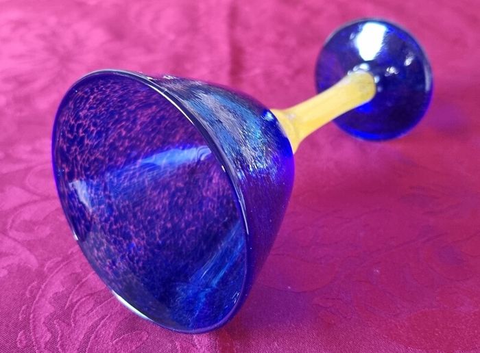 Murano Style Cobalt Blue And Yellow Glass Stemmed Goblet