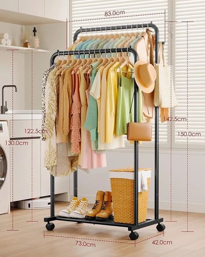 Clothes Rail - Double-Rod Rustproof Clothes Rack with Anti-Slip Stoppers, Shoes Shelf and Hooks, Multifunctional Hanging Rack for Laundry, Entryway, Bedroom, Shop, 73 x 42 x 150 cm, Black