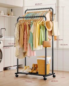 Clothes Rail - Double-Rod Rustproof Clothes Rack with Anti-Slip Stoppers, Shoes Shelf and Hooks, Multifunctional Hanging Rack for Laundry, Entryway, Bedroom, Shop, 73 x 42 x 150 cm, Black