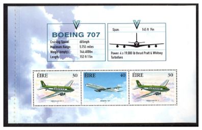 1999 Ireland Civil Aviation noting details of Boeing 707 Commemorative Stamps Booklet Pane Mint Never Hinged (MNH). Hibernian HP118