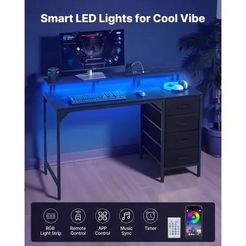 120 cm Computer Desk with Smart LED Lights and Power Outlets, Gaming Office Desk with 4 Large Drawers, Monitor Stand, Study Work for Home Office