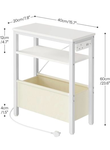 Narrow Side Table, Slim Bedside Table with Charging Station for Small Space, USB Ports and Power Outlet, 40 x 20 x 60 cm, for Living Room, White and Cream