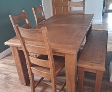 Dining table, chairs and bench