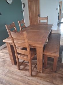 Dining table, chairs and bench