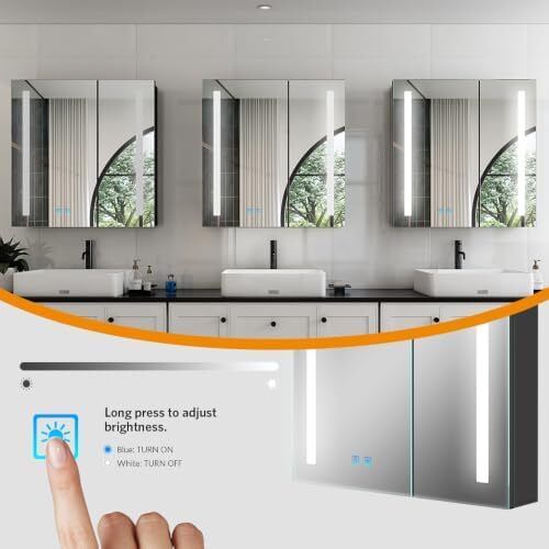 LED Bathroom Mirror Cabinet with Shaver Socket  630 x 650mm, 2-Door Wall-Mounted Vanity with Anti-Fog Demister, 3-Colour Dimmable Lighting Adjustable Glass Shelves