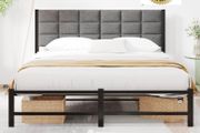 Double Bed Frame Upholstered Bed Frame Double Bed,Black | Upholstered Headboard,Heavy Duty Metal Slats Support,Mattress Base,Under Bed Storage,Easy Assembly,No Box Spring Needed