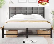 Double Bed Frame Upholstered Bed Frame Double Bed,Black | Upholstered Headboard,Heavy Duty Metal Slats Support,Mattress Base,Under Bed Storage,Easy Assembly,No Box Spring Needed