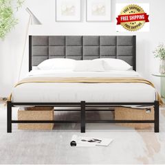 Double Bed Frame Upholstered Bed Frame Double Bed,Black | Upholstered Headboard,Heavy Duty Metal Slats Support,Mattress Base,Under Bed Storage,Easy Assembly,No Box Spring Needed
