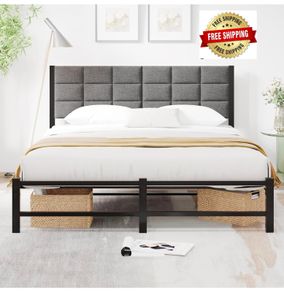 Double Bed Frame Upholstered Bed Frame Double Bed,Black | Upholstered Headboard,Heavy Duty Metal Slats Support,Mattress Base,Under Bed Storage,Easy Assembly,No Box Spring Needed