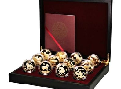 Astrology Zodiac Chinese Lunar animal year 24ct Gold Plated Proof Piedfort quality coins set