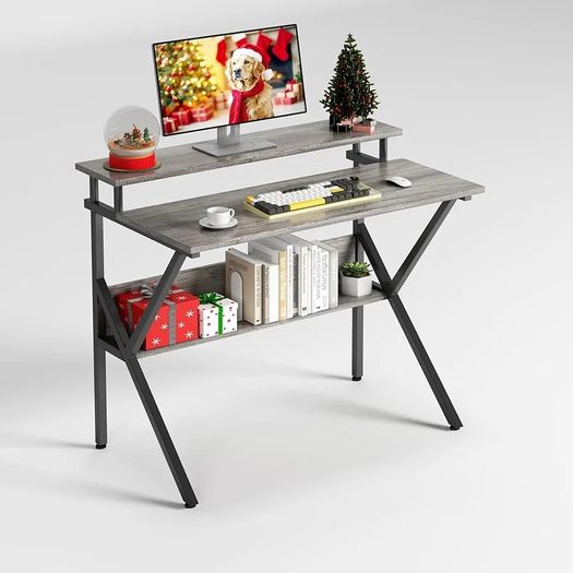 70cm Computer Desk, Home Office Desk for Home, Small Desk for Spaces, GreyOak Small Table with Monitor Stand