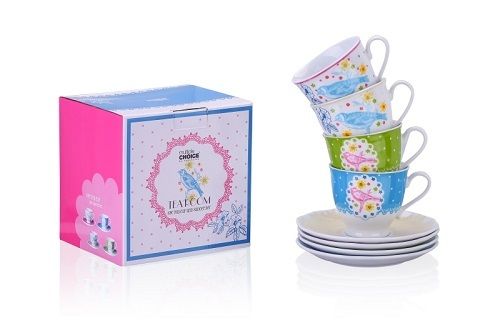 Porcelain Tea Cup Set Floral Birds With Saucers