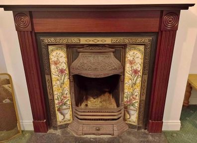 Victorian Style Cast Iron Fireplace with Floral Tiles & Wood Mantel