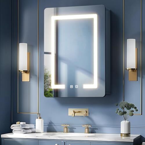 Bathroom Mirror Cabinets with Led Lights, Aluminum Alloy Wall Mounted Bathroom Cabinet Led Bathroom Mirror, 3 Colors Anti Fog, Adjustable Shelves, Touch Sensor, Concealed Storage