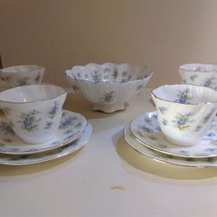 13 piece Tea Set, 4 Tea Trio and Fruit / Sweet Bowl, Queens "Forget-me-Not"