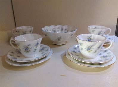 13 piece Tea Set, 4 Tea Trio and Fruit / Sweet Bowl, Queens "Forget-me-Not"