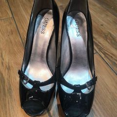 GUESS Black Patent Peep Toe Heels
