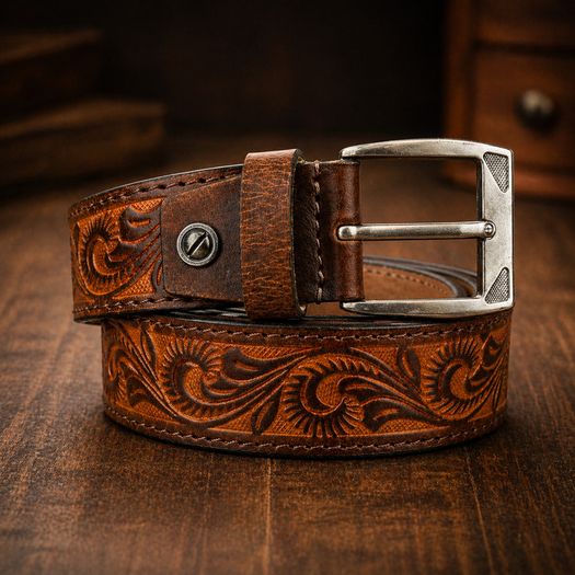 Unisex Genuine Leather Belt Vintage Embossed Design with Antique Buckle Casual & Formal Waist Belt