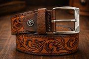 Unisex Genuine Leather Tooled Belt Vintage Floral Western Leather Belt