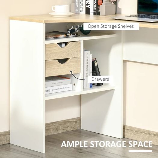 L-Shaped Corner Computer Desk Study Table PC Work w/ Storage Shelf Drawer Smooth Slide Office Home Workstation Space Saving  Light Brown