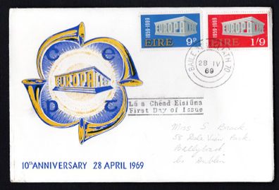 1969 Ireland Europa (CEPT) Commemorative Stamps Illustrated First Day Cover (FDC)